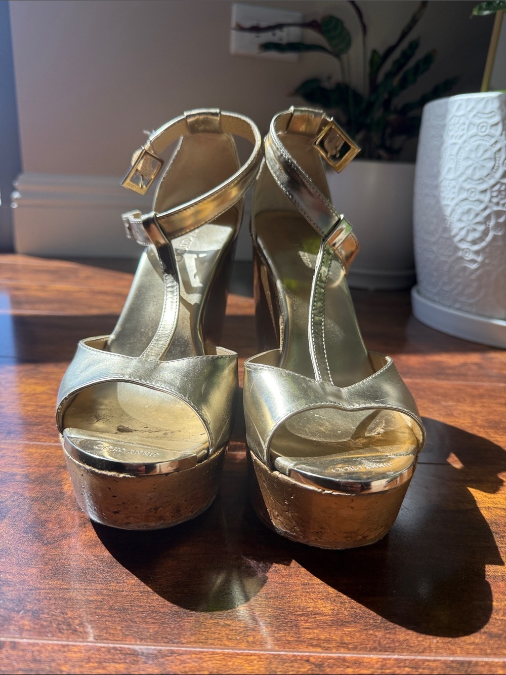 Metallic Gold Platform Ankle-Strap Sandals